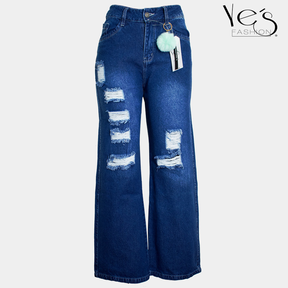 Jean para mujer anchos con rotos - color: azul oscuro (wide legs, pala