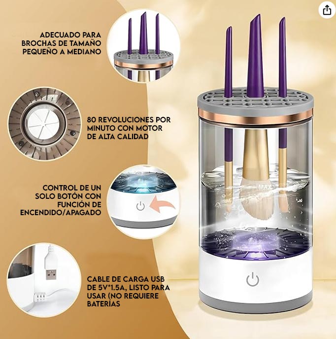 Limpiador Eléctrico de Brochas de Maquillaje, Máquina Rápida y Eficiente para Limpieza Profunda de Todo Tipo de Brochas, Diseño Compacto y Portátil para Viajes y Uso en Casa