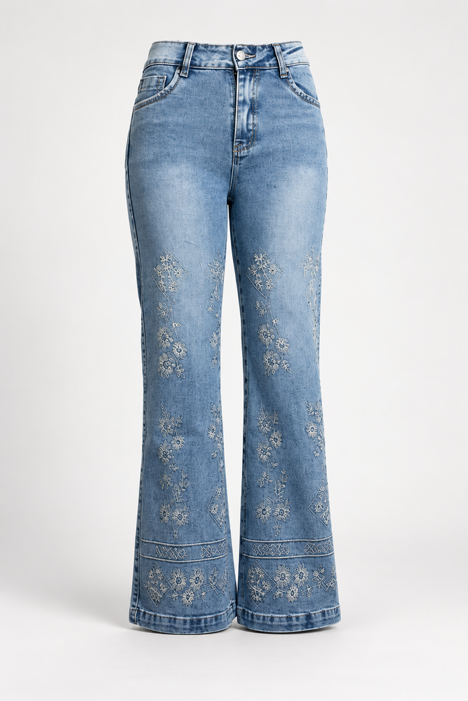 Jean Bota Recta Floral Bordado