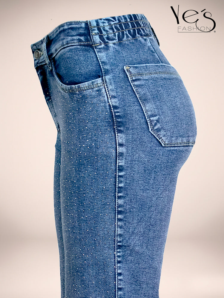 ✨Jean Moonlight Glow – Pretina Alta con Brillos (Azul Intenso)