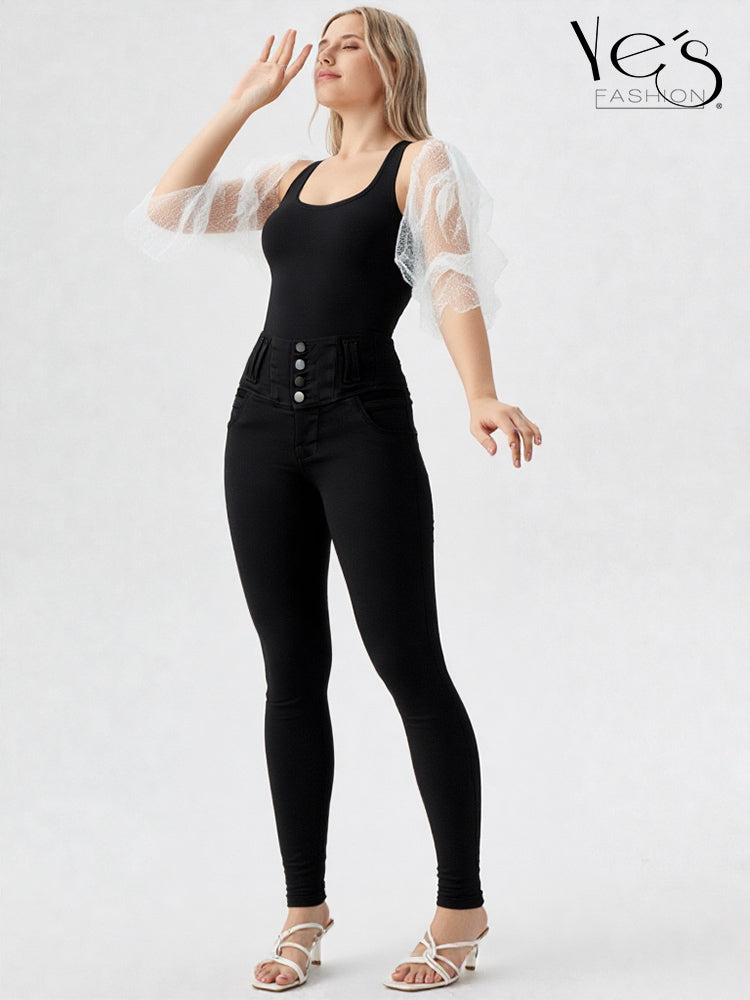 Jean Negro en 4 Botones – Corte Levanta Cola