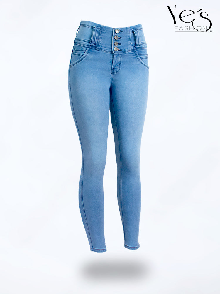 Jean Pretina Alta 4 Botones – Efecto Levanta Cola (Celeste)