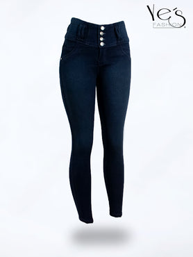 Jean Pretina Alta 4 Botones – Efecto Levanta Cola (Azul Indigo)