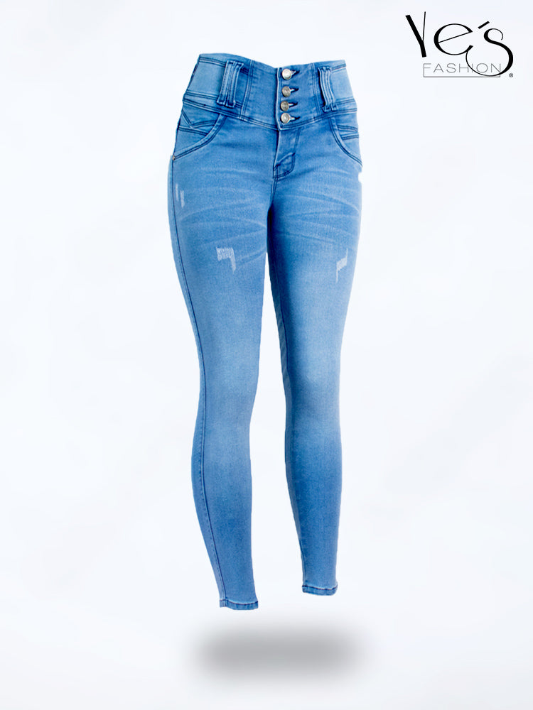 Jean Pretina Alta 4 Botones – Efecto Levanta Cola (Celeste)