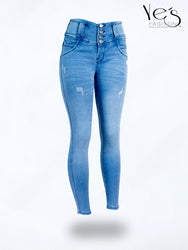 Jean Pretina Alta 4 Botones – Efecto Levanta Cola (Celeste)