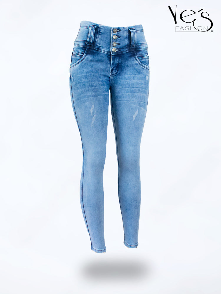 Jean Pretina Alta 4 Botones – Efecto Levanta Cola (Azul Otoñal)