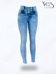 Jean Pretina Alta 4 Botones – Efecto Levanta Cola (Azul Otoñal)