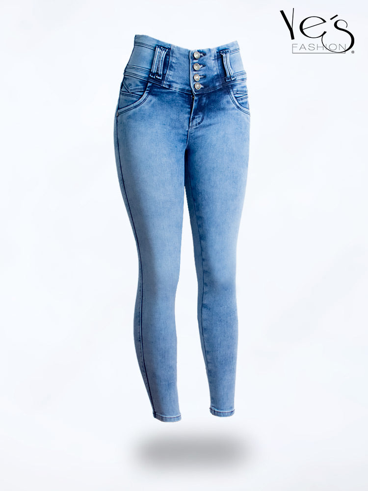 Jean Pretina Alta 4 Botones – Efecto Levanta Cola (Azul Otoñal)