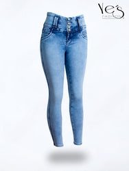 Jean Pretina Alta 4 Botones – Efecto Levanta Cola (Azul Otoñal)