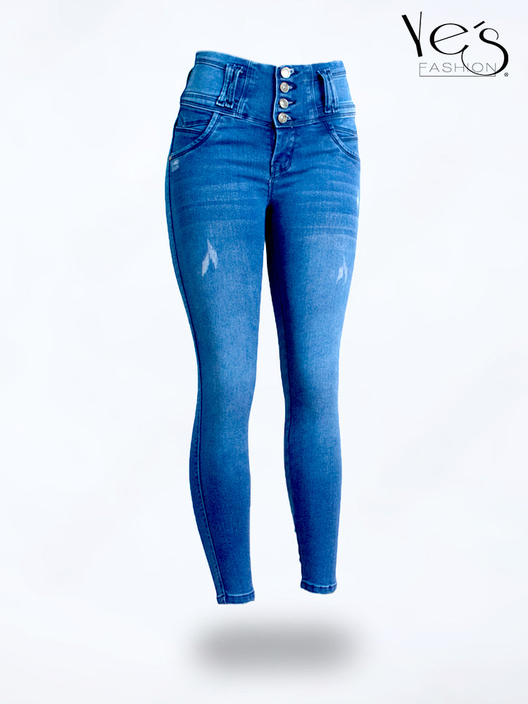 Jean Pretina Alta 4 Botones – Efecto Levanta Cola (Azul Jean)