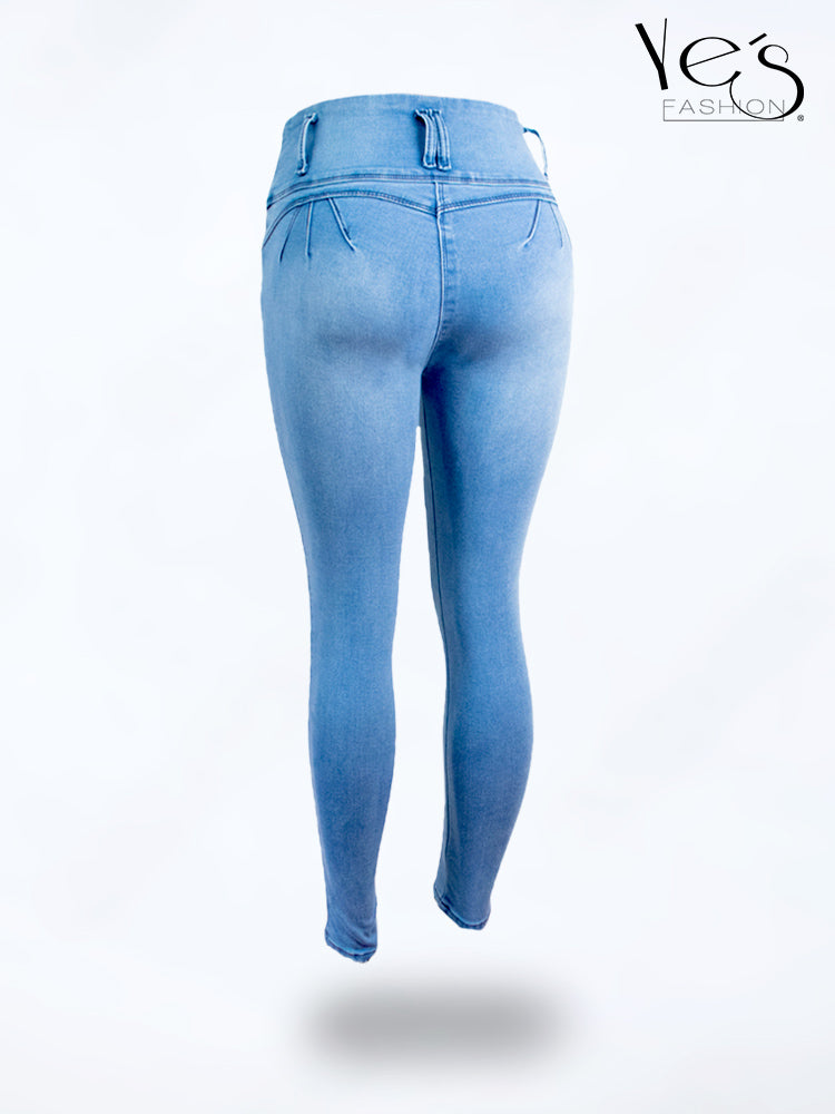 Jean Pretina Alta 4 Botones – Efecto Levanta Cola (Celeste)