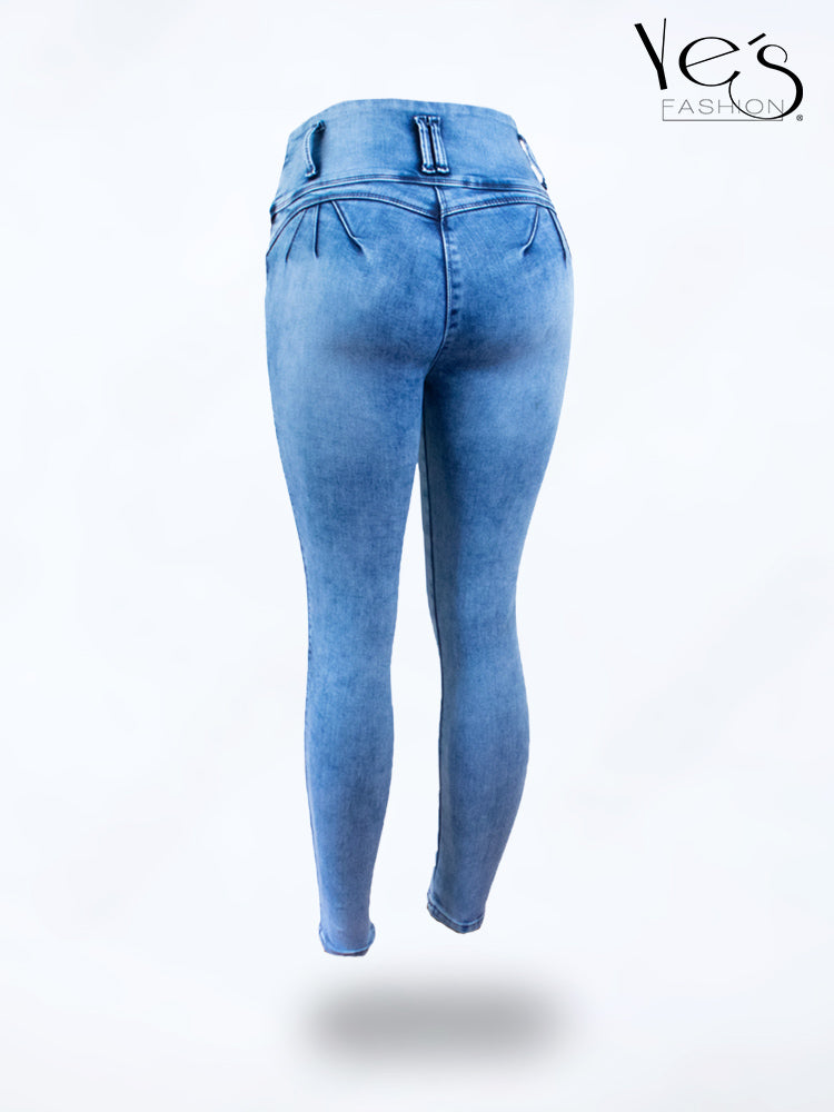 Jean Pretina Alta 4 Botones – Efecto Levanta Cola (Azul Otoñal)