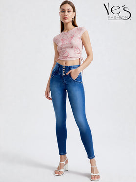 Jean Pretina Alta 4 Botones – Efecto Levanta Cola (Azul Jean)