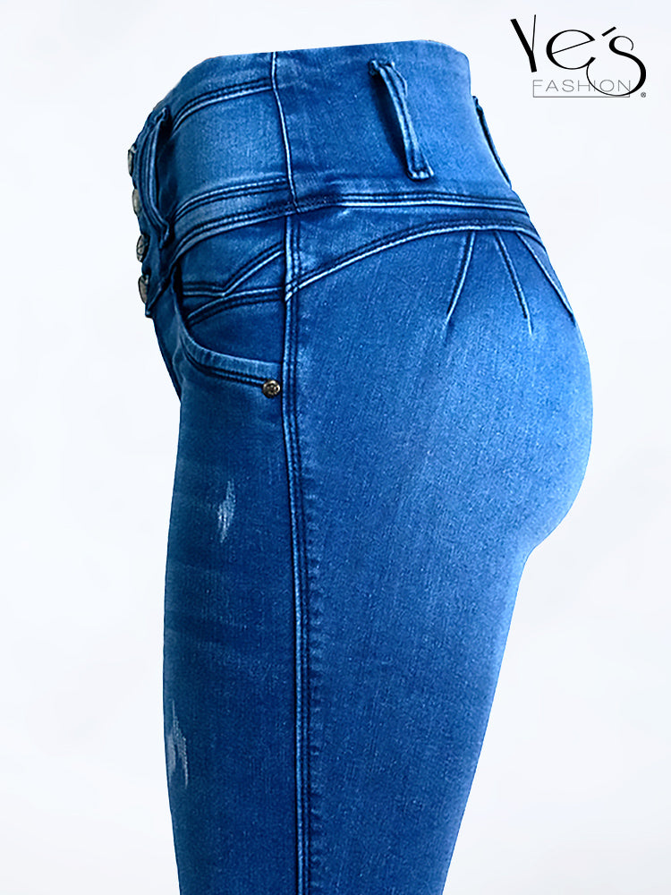 Jean Pretina Alta 4 Botones – Efecto Levanta Cola (Azul Jean)