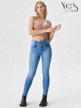 Jean Pretina Alta 4 Botones – Efecto Levanta Cola (Celeste)