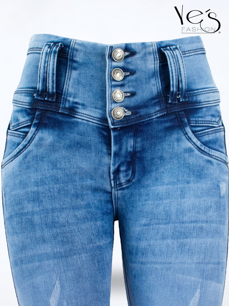 Jean Pretina Alta 4 Botones – Efecto Levanta Cola (Azul Otoñal)