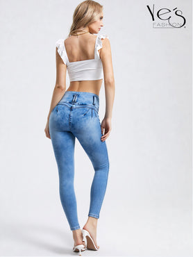 Jean Pretina Alta 4 Botones – Efecto Levanta Cola (Azul Otoñal)