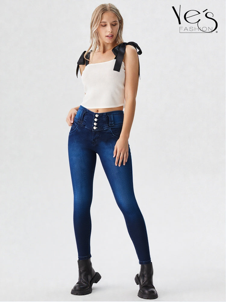 Jean Pretina Alta 4 Botones – Efecto Levanta Cola (Azul Oscuro)