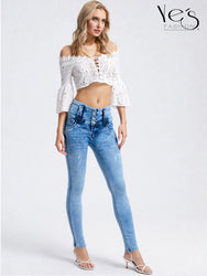 Jean Pretina Alta 4 Botones – Efecto Levanta Cola (Azul Otoñal)