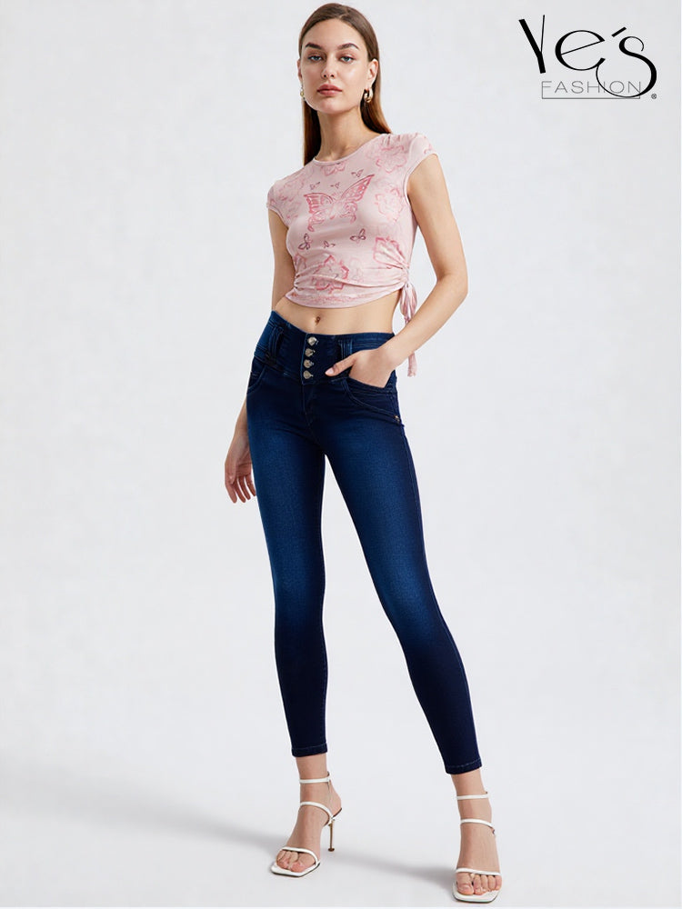 Jean Pretina Alta 4 Botones – Efecto Levanta Cola (Petroleo)