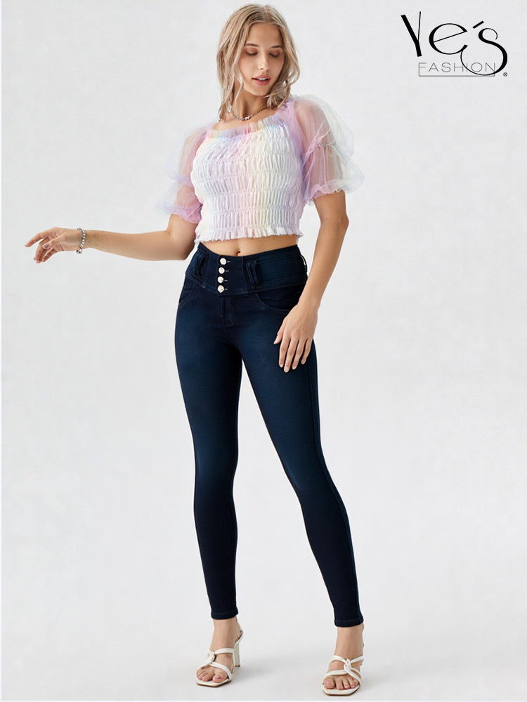 Jean Pretina Alta 4 Botones – Efecto Levanta Cola (Azul Indigo)