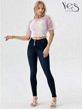 Jean Pretina Alta 4 Botones – Efecto Levanta Cola (Azul Indigo)