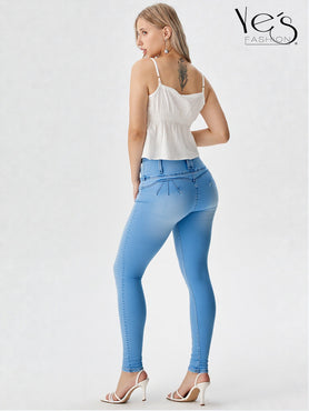 Jean Pretina Alta 4 Botones – Efecto Levanta Cola (Celeste)