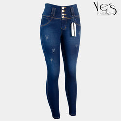 Jean para Mujer en Pretina alta/ PUSH UP - Color: Azul Verdoso con sombras (Timeless Style Collection)