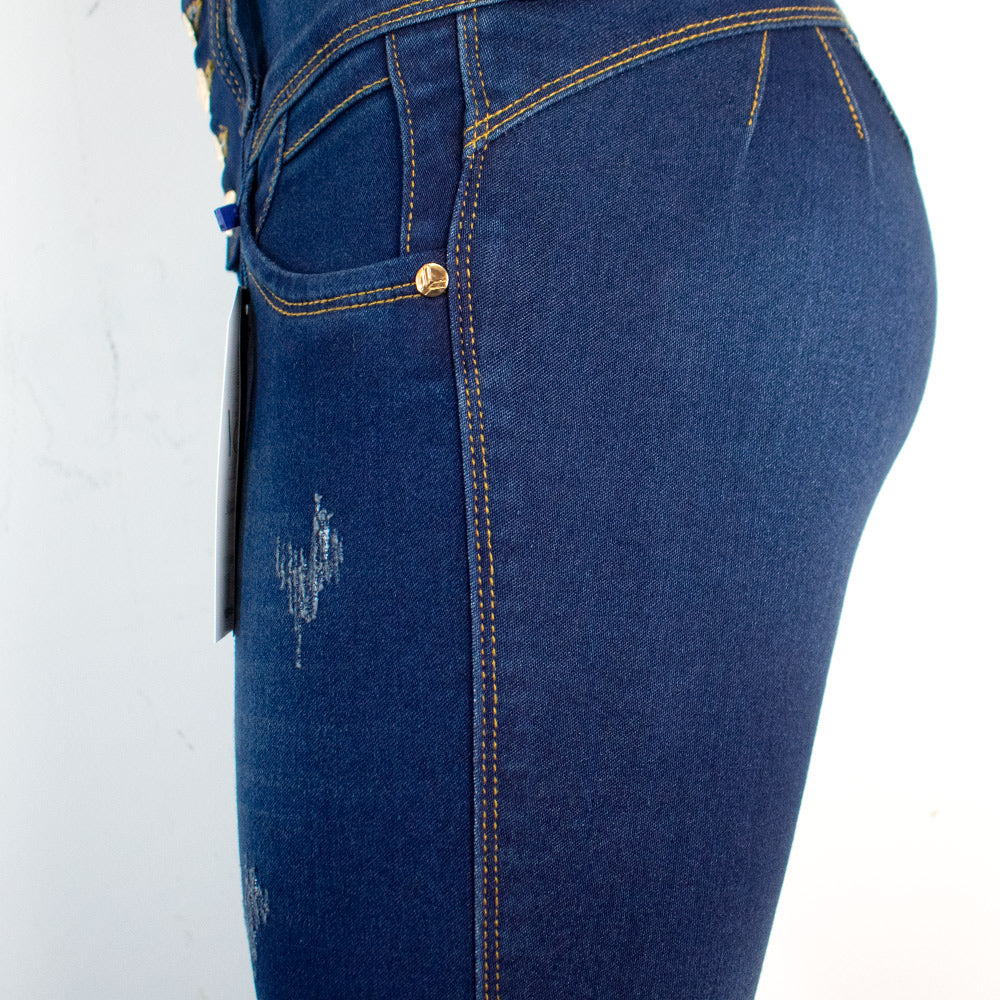 Jean para Mujer en Pretina alta/ PUSH UP - Color: Azul Verdoso con sombras (Timeless Style Collection)