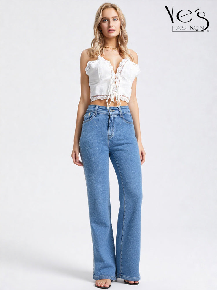 ✨Jean Moonlight Glow – Pretina Alta con Brillos (Azul Claro)