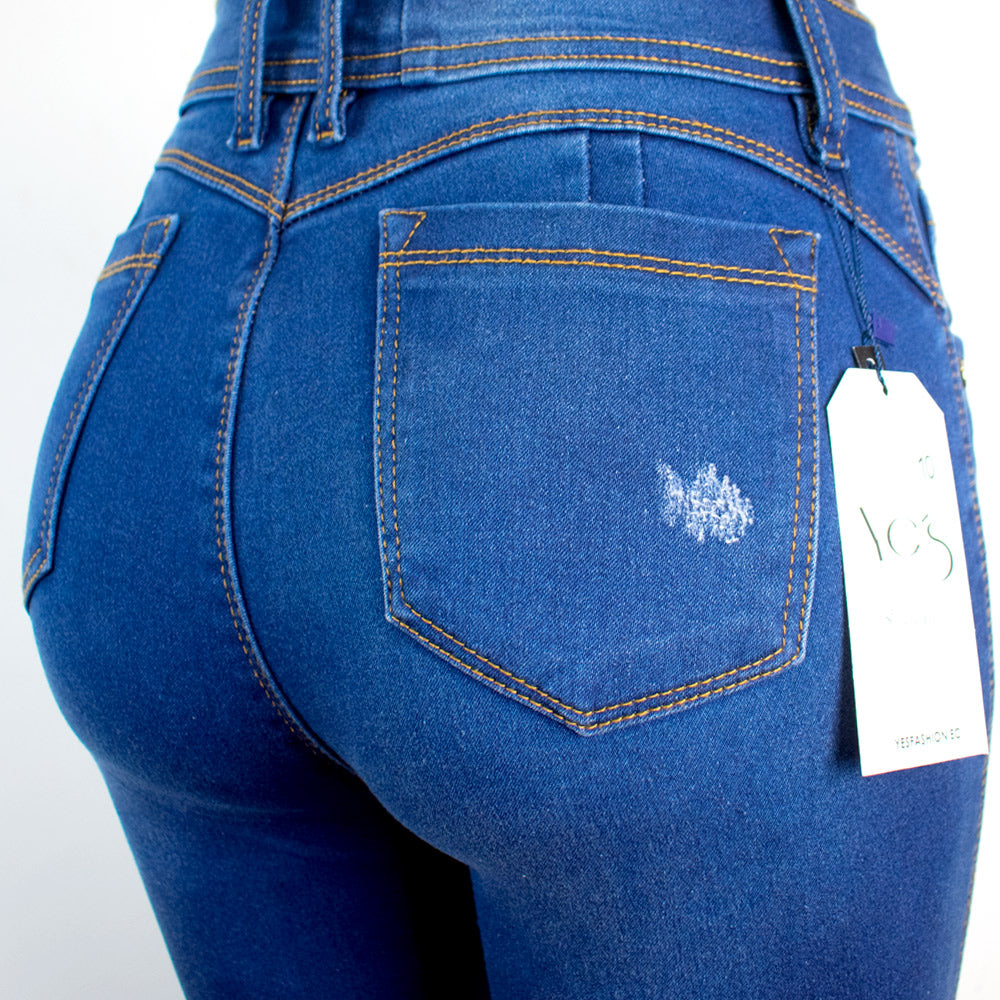 Jean de un boton para Mujer, Super Strech - Color: Azul tradicional con sombras