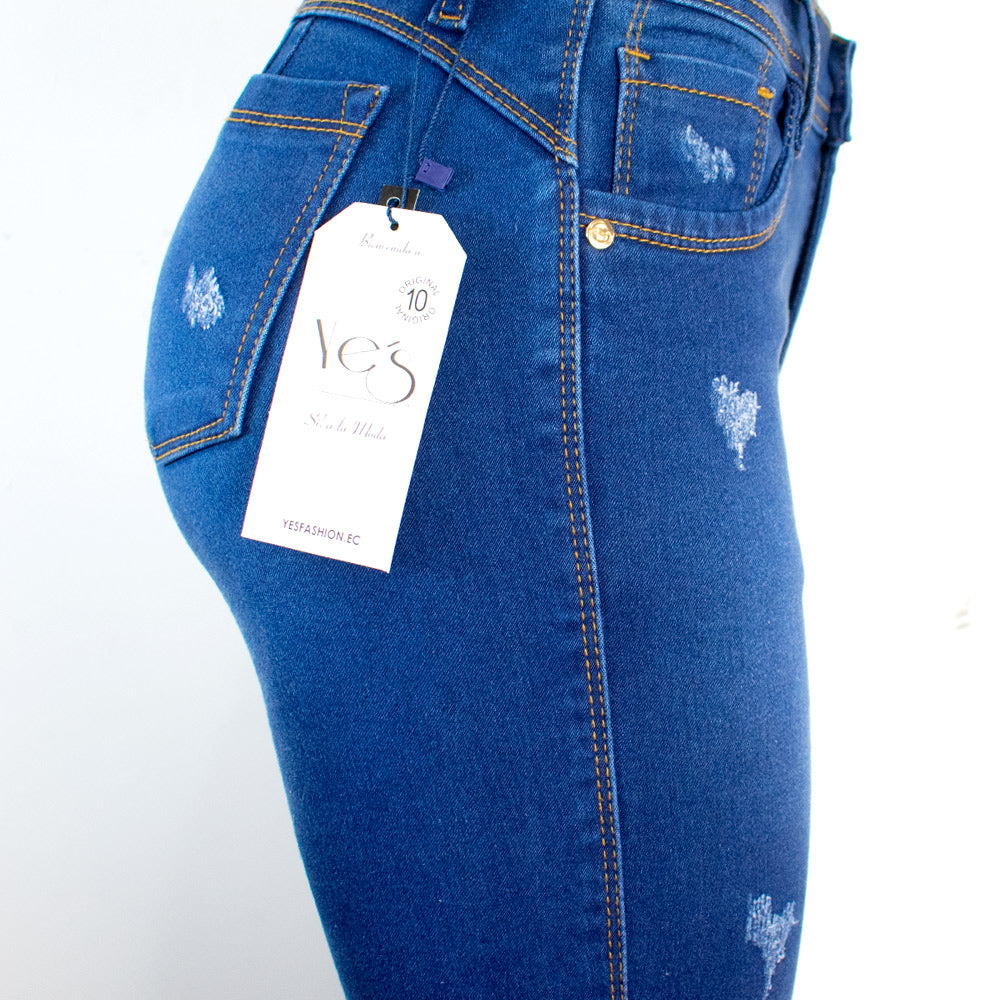 Jean de un boton para Mujer, Super Strech - Color: Azul tradicional con sombras